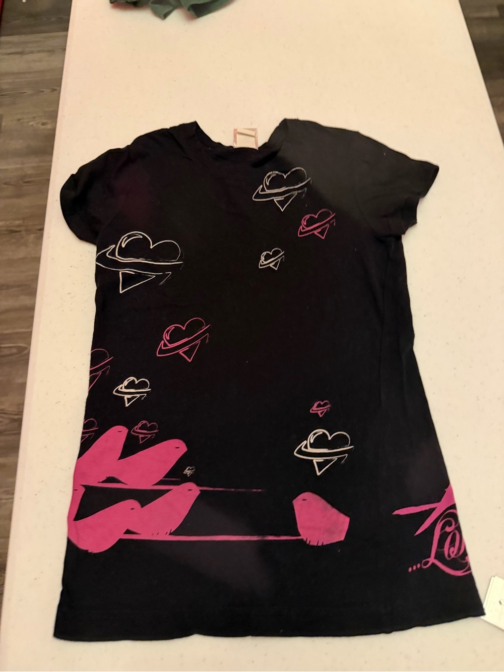 Women’s Black Tee with Pink Heart & Bird Graphics